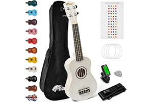 Tiger UKEKIT-WH Soprano Ukulele Kit – Suitable for Beginners and Children – Chromatic Tuner, Strap, Carry Bag, Notes Sticker, Felt Pick, Spare Strings, with Aquila Strings Fitted - White