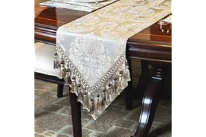 TOPLUXE Table Runner with Handmade Tassels, Luxury Table Runner for Dining Room/Restaurant/Banquet/Festival Decoration (33x180cm, Champagne)
