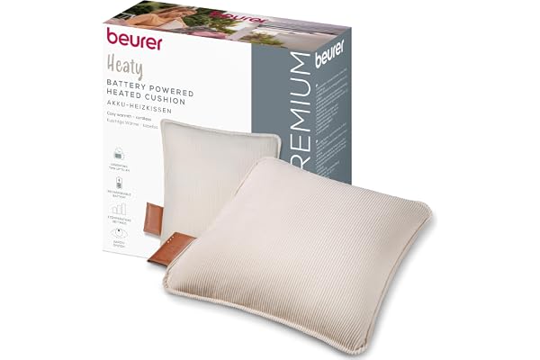 Beurer Heaty Coussin chauffant, coussin chauffant sans fil avec batterie, avec arrêt automatique et 3 réglages de la température, chauffe rapidement, velours côtelé doux, blanc