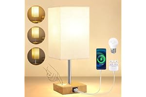 Dreamholder Bedside Lamps, Touch Control Table Lamp with USB A+C Charging Ports,Nightstand Lamp with 3-Way Dimmable, Beige Lampshade Desk Lamp for Living Room Office(Bulb Included) Woodgrain Base