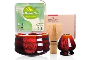 Goodwei Juego de Matcha - 30g Té Matcha Biológico Japonés, Cuenco Ceremonial, Batidor y Soporte (Akai), Cerámica, 430 ml