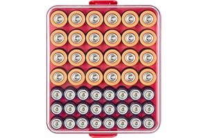 AGAINMORE Battery Organiser Storage Case, Battery Vault Box Container for 48 x AA AAA Batteries, Plastic Clear Protective Battery Holder for Travel/Home/Office (Red, M)
