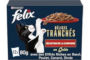 FELIX | Délices Tranchés | Sélection de la Campagne | En Gelée | Alimentation complète | Chat Adulte | au Poulet, Saumon, Cabillaud et Canard | Sachets Fraîcheurs | (12 x 85g)