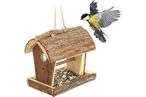 Relaxdays Mangiatoia per Uccelli Decorativa, Legno e Corteccia, HLP18x13,5x19,5cm, Appendere, Giardino e Balcone, Natura, 1 pz