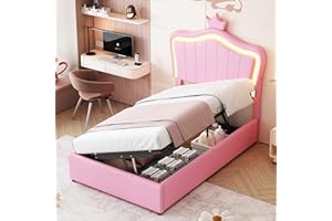 Aoskem Upholstered Bed 90 x 200 cm Single Bed Children's Bed with Storage Space Underbed, LED Headboard Crown Design, Storage Bed Frame with Slatted Frame, Backrest, Youth Bed Flat Bed, Without