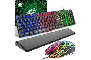 ZIYOU LANG Tastiera e Mouse da Gioco con Poggiapolsi, Layout Tedesco QWERTZ Gaming Tastiera Retroilluminato LED Colore Arcobaleno, Mouse 6 Tasti 2400 DPI e Tappetino per Mouse, USB Cablato per PS4 XBox, Nero