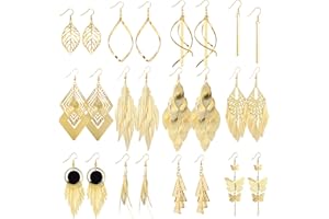 ASH'S CHOICE 12 Paar Gold Tropfen Ohrringe für Damen Mädchen, Verschiedene Haken Ohrhänger Boho Set, Rund/Prisma/Feder/Kette/Wellendrehung einzeln/Blume/Herz/Blätter/lange/Fransen Ohrringe