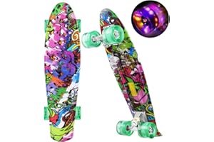 'weskate Cruiser Skateboard Complet Rétro Mini Board, 22 55 cm Vintage Skateboard Deck en plastique et LED clignotantes avec roulettes avec roues lumineuses LED pour adulte enfant garçon fille