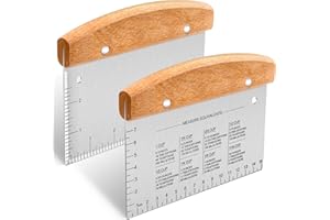 Joyfair 2Pcs Dough Scraper, Stainless Steel Dough Cutter with Wooden Handle, Bench Scraper/Pizza Cutter/Pastry Spatula with Measuring Marks for Baking Cooking, 15cm