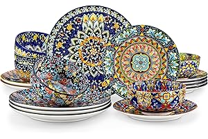vancasso SIMI Dinner Set- 18 Pieces for 6 People, Porcelain Plates and Bowls Set, Bohemian Style Dinnerware Sets, Scratch Resistant Dinner Service Set, Dishwasher and Microwave Safe