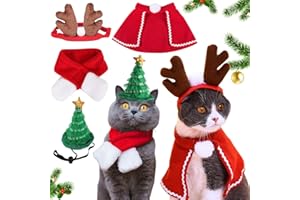 KEAGAN Weihnachtskostüm für Katzen, 4 Stück Haustier Weihnachtskostüm, Weihnachtsmann-Mütze, Verstellbar Schal, Geweih, Haustier-Kleidung für Hunde, Katzen, Welpen,Geschenk