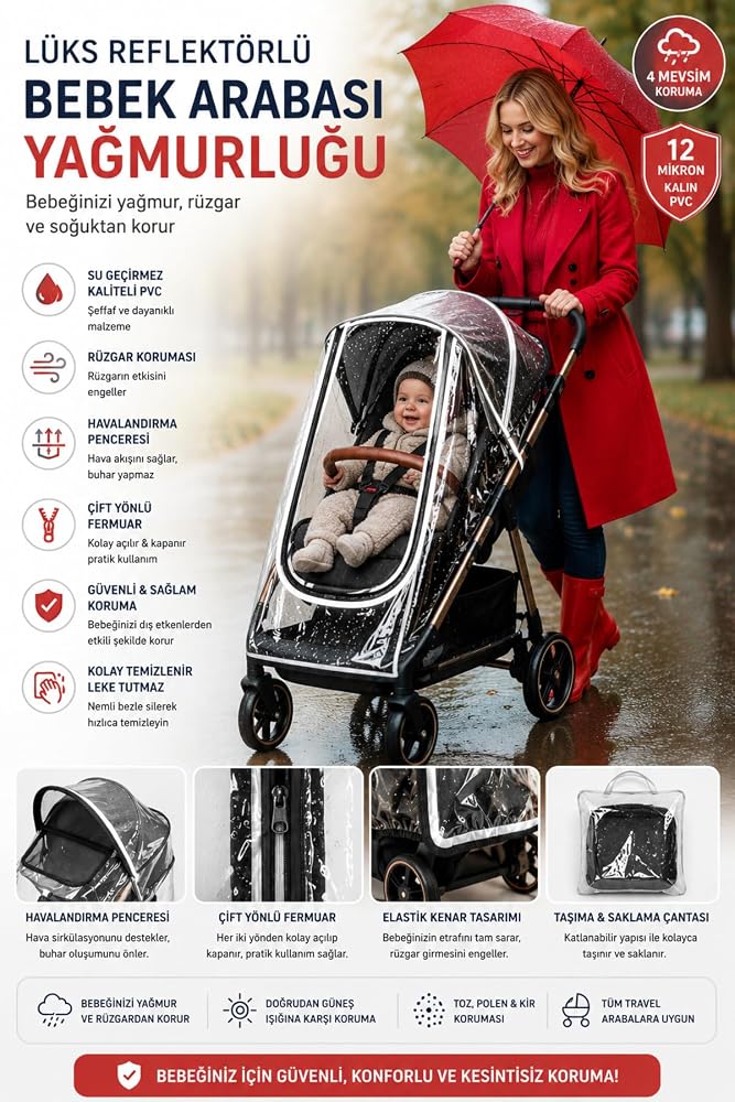 Mommyslab Lüks Reflektörlü Bebek Arabası Yağmurluğu, 12 Mikron, Ftalat İçermez, Fermuarlı