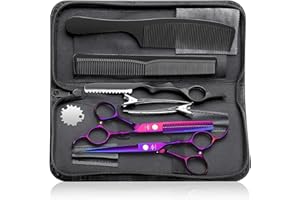 PURPLEBIRD Set de ciseaux de coiffeur professionnel, ciseaux de coiffeur avec ciseaux de coupe de cheveux en acier inoxydable et ciseaux à effiler pour barbier/coiffeur/débutant 10 pièces Pourpre