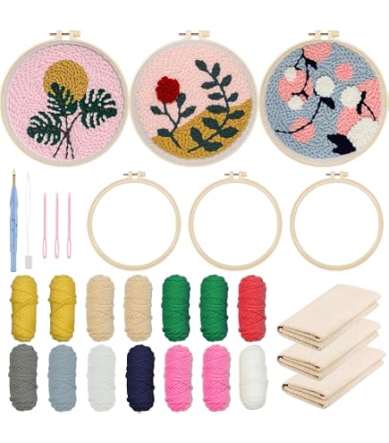 Kit Broderie Débutant - 3 Motifs à Broder - Cerceau Plastique, Fils, Aiguilles - DIY Adulte/enfant