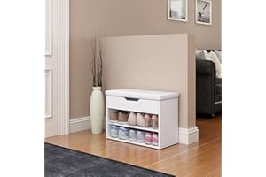 BESTWANTED Shoe Storage Bench, Shoe Cabinet with Cushion, Wooden White Small Unit for 6 Pairs Shoes Shoe Rack 60 x 29.5 x 46.5 cm