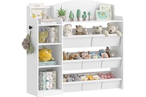 Hzuaneri Toy Storage Units for Kids, Children's Bookcase with 8 Fabric Bins and Open Shelves, Toy Organiser with Display Rack for Bedroom, Nursery, Playroom, Kindergarten, White, KB42003W