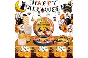 YIMAKJ Halloween Party Geschirrset, Halloween Deko Set, Halloween Party Deko, 86 StüCk Party Geschirrset mit Pappteller Tassen Servietten Tischdecke Luftballons für Halloween Deko Innen Gruselig