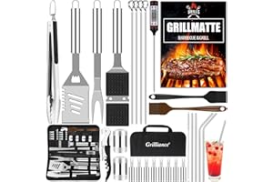 Grilliance BBQ Grillbesteck Set 30 Grillzubehör aus Hochwertiger Edelstahl Grillzange Grillspachtel Korkenzieher Grillset mit Grillkoffer und Grillmatte für Männer Geschenk für Garten Camping Silber