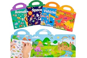 FANCYWHOOP Reusable Sticker Books Toys for Kids - 4 Pack Stickers Books for Age 2 3 4 Year Old Boys Girls Toddlers, 3D Clear Animal Space Vehicles Dinosaur Sticker Book Educational Learning Toy Birthday Gifts