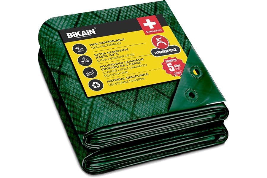 Bikain - Lona Impermeable Exterior - 2x3 Metros - 90g/m2 Reforzada - Argollas Antidesgarro - Toldo 100% Impermeable y 100% Pr