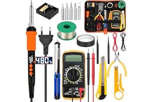 BILIPLE 20PCS Soldador Estaño Set, 90W Soldador Estaño Temperatura Ajustable 180-480°C con 5 Pcs Puntas Diferentes, Kit Soldadura Eléctrónica con Multímetro Digital, Bomba Desoldadora, Alambre de Soldadura