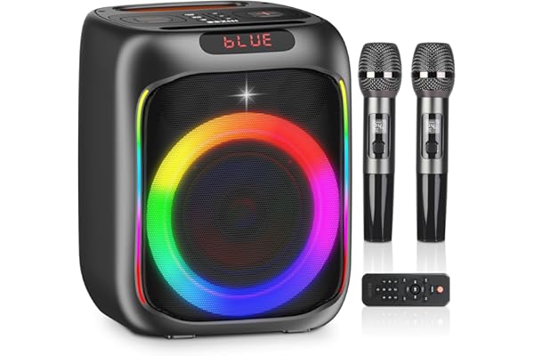 Máquina de Karaoke con 2 micrófonos inalámbricos, Altavoz Bluetooth portátil de 80 W, Altavoz para Fiestas con Luces LED, emparejamiento TWS, Soporte para Entrada de micrófono, USB, AUX, Tarjeta TF