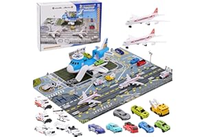 CHIDIAM Trasporto aereo giocattolo auto giocattolo totale 15 mezzi di trasporto con segnali stradali e tappetini da gioco, elicottero parcheggio set da gioco regalo per bambini 3+ ragazzi ragazze