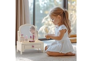 Navaris Kids Vanity Table - Makeup Desk for Girls and Boys - Childrens Wooden Play Dressing Table with Mirror - Toddler Toy Make Up Accessories Set for Children Age 3+ - Pale Pink