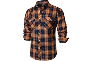 PARKLEES Men's Casual Regular Fit Button Up Flannel Checked Plaid Shirts with Pockets