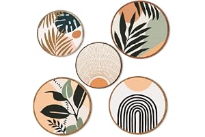 Qunclay 5 Pcs Wall Art Decor Wooden Living Room Wall Decor Bohemian Hanging Farmhouse Geometric 10'' and 8'' Aesthetic Wood Minimalist Posters for Bedroom(Boho, Leaf)
