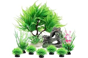 QUOZUO Decoración de Plantas Artificiales para Acuario, 9 Unidades, Plantas de Plástico Verde con Accesorios para Tanque de Peces