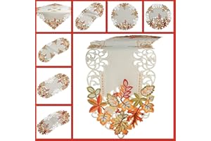 Quinnyshop Herbst Tischläufer Tischdecke Weiß gestickt mit bunten Blätter Mitteldecke Deckchen (ca. 22 x 37 cm Oval)