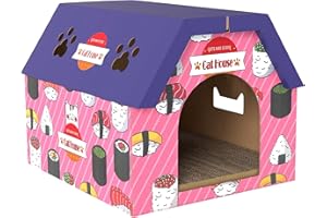 PawHut Cat Scratching Board, 2-in-1 Cardboard Cat House and Hideaway Furniture with Door, 4 Paw-Shaped Vents and Grass for Indoor, Pink