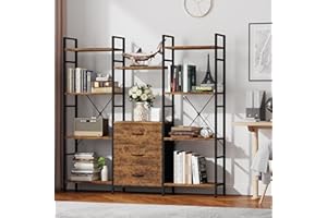 OYRREU 100W x142Hcm Alta Libreria con 3 Tessuto Cassetti, 10 Cubi Libreria Scaffale Legno Industriale, Verticale&Salvaspazio, Scaffale Librerie per Soggiorno, Camera da Letto, Cameretta, Cucina, Giardino