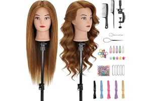 TwoWin förstärkt hårtäthet frisörhuvud 80 % äkta hår, 65 cm övningshuvud | 26 tums träningshuvud frisör, frisörhuvud för styling med bordshållare gör-det-själv hårstyling set (ljusguld)
