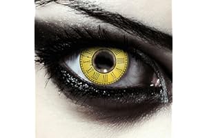 DESIGNLENSES lentilles de couleur jaune pour halloween costume, avec motif d'horloge, 1 paire (2 pcs), sans correction + étui à lentilles "Kurumi"