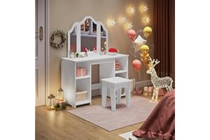 WOLTU Mesa Tocador Infantil con Taburete y Espejo Plegable, Conjunto de Tocador Maquillaje de 3 Piezas, con 4 Compartimentos, Estante Ajustable, Blanco, MDF, MB6120ws