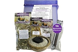 NATURHEILMITTEL HEILSTEINE METHUSALEM GMBH NEU-ULM Energetische HAUSREINIGUNG + SCHUTZRÄUCHERUNG + KEHRAUSRÄUCHERUNG 11-TLG Räucherset 3X Räucherwerk mit Salbei Sage Weihrauch Olibanum Myrrhe UVM. 8X ZUBEHÖR, 8cm Räucherschale. 81716-B