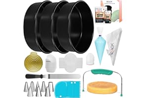 RFAQK 133PCs Round Cake Tins for Baking | Baking Tins Non Stick - 8 inch Cake Tin (x3) with Baking Accessories, Piping Nozzles, Cake Leveler, Icing Spatula, 35 Parchment Papers & eBook