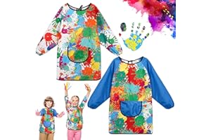 taonganui 2 Stück Malschürze Kinder, Mädchen Junge Bastelschürze 7-11 Jahre Wasserdicht Malkittel Bastelschürze mit Ärmeln und Big Taschen für Schule Kunst Malerei Kochen