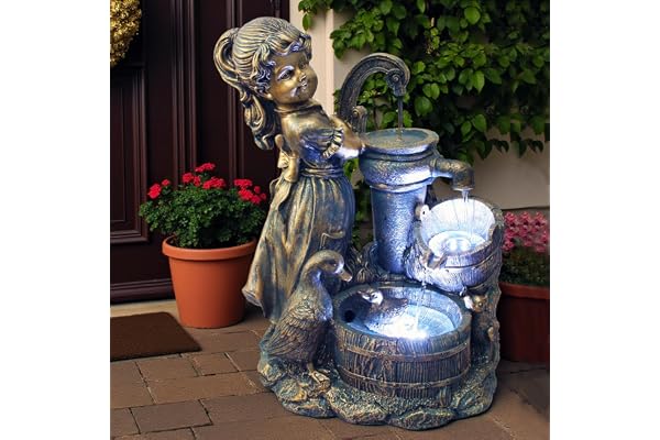 Fontaine de jardin Heidi avec oies - Jeu d'eau avec éclairage LED - Arnusa