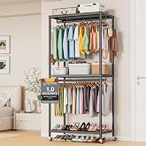 AQRA Coat Rack Donkey Clothes Black Metallic Coat Rack with Wheels Heavy | With Wheels, 2 Bars, 3 Shelves and 2 Hooks, Dimens