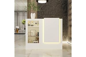DEZAGCE Table de réception d'angle blanche avec tiroir pour clavier et 2 armoires, comptoir de réception avec barres lumineuses, table de réception avec plateau en verre trempé, table de réception,