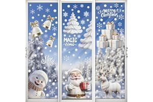 DERAYEE 8 Feuilles Sticker à Effet Stéréoscopique Blanc,141pcs Noel Autocollant Fenêtre Réutilisable,Stickers Noël Fenetre PVC,Flocons de Neige Père Noël,Renne,Cloches