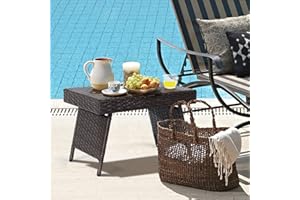 LIFEZEAL Mesa de Café de Ratán, Mesa Plegable con Estructura de Acero & Almohadillas para Pies Ajustables, Mesa Baja para terraza, jardín, Junto a la Piscina, 60 x 40 x 40 cm