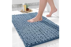 Yimobra Bathroom Mat, 43 x 61 cm, Soft Shaggy and Comfortable, Large Size, Super Absorbent and Thick, Non-Slip, Machine Washable, Perfect for Bathroom, Denim Blue