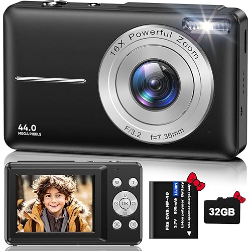 VAHOIALD Digital Camera with 32GB TF Card, 1080P 44MP FHD, 16X Digital Zoom, Black