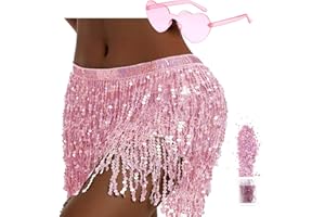 QUANMAITONG Pailletten Rock Damen Bauchtanz Hüfttuch，Glitzer Rock Damen für Halloween Karneval QuastenRock， Glitzerrock Bauchtanz Kostüm Damen und Mädchen (Polyester, Rose)