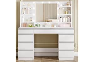 Hzuaneri Dressing Table with Bulb Light, Vanity Desk with 1 Large Drawer and 8 Small Drawer Cabinets, Adjustable Brightness, Large HD Mirror, 9 Open Storage Areas, White DT35703W
