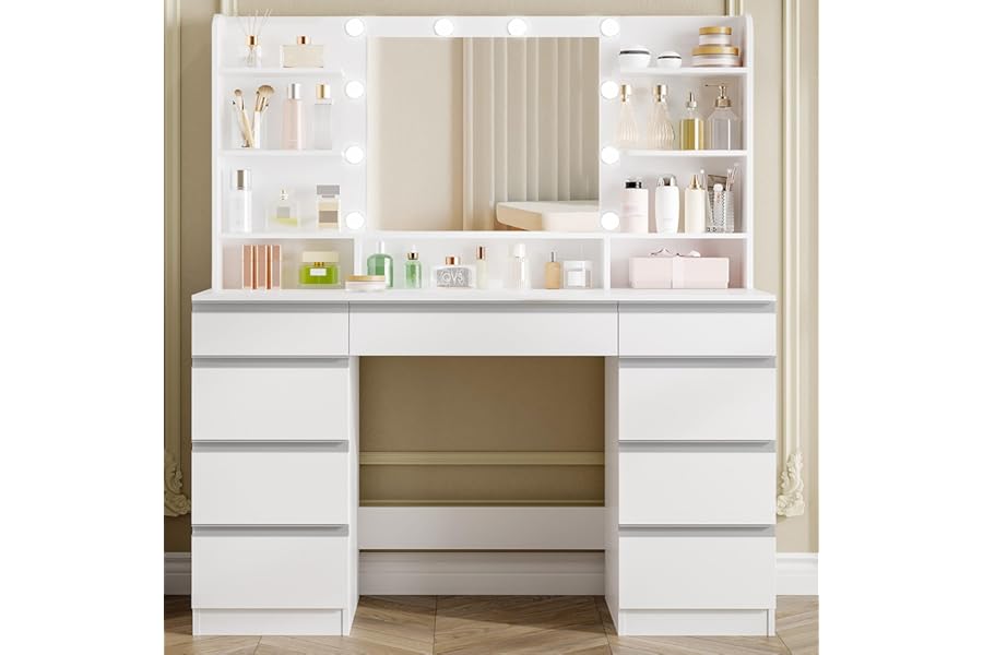 Hzuaneri Dressing Table with Bulb Light, Vanity Desk with 1 Large Drawer and 8 Small Drawer Cabinets, Adjustable Brightness, Large HD Mirror, 9 Open Storage Areas, 108 cm Desktop, White DT35703W